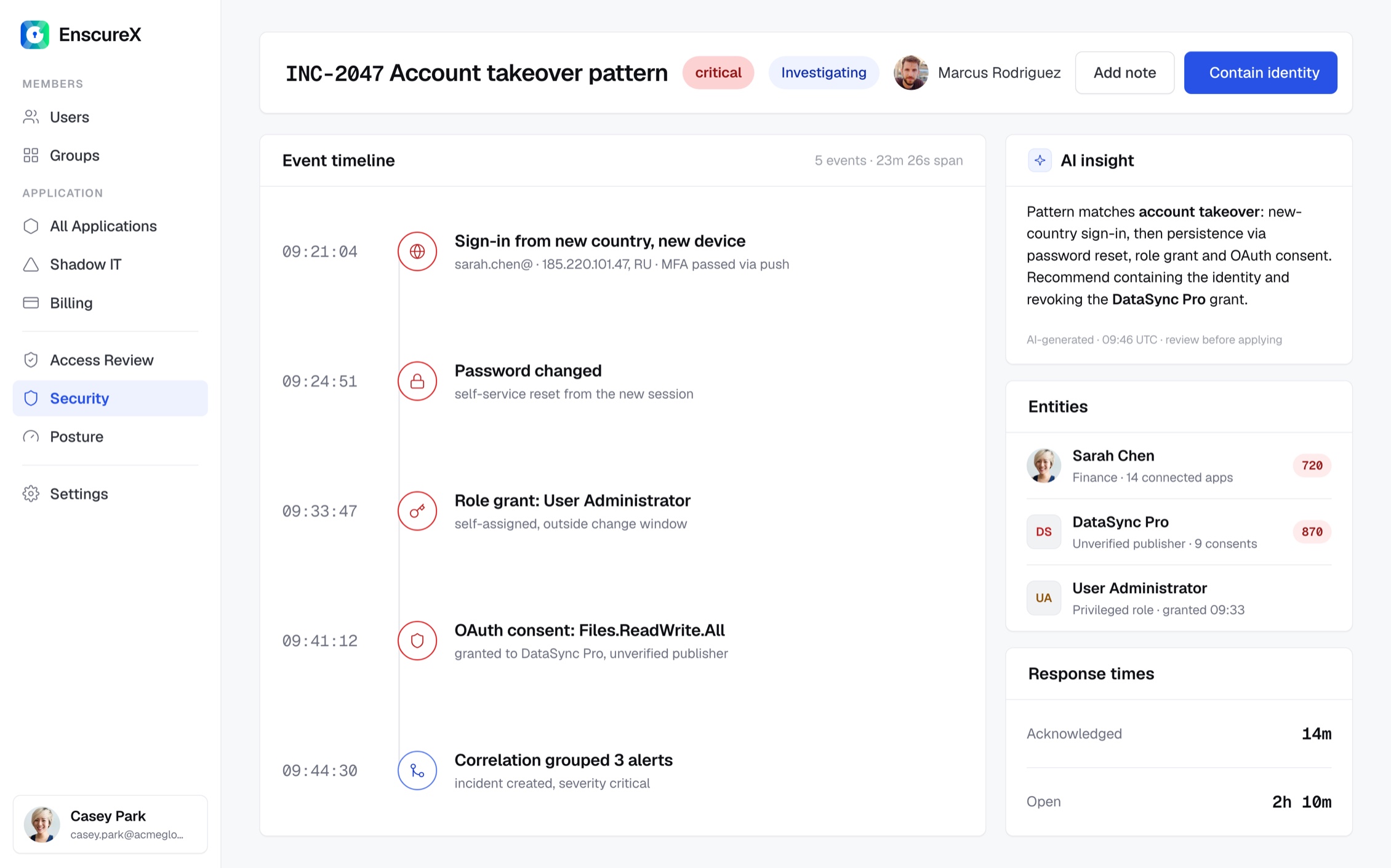 Incident investigation with AI summary and event timeline