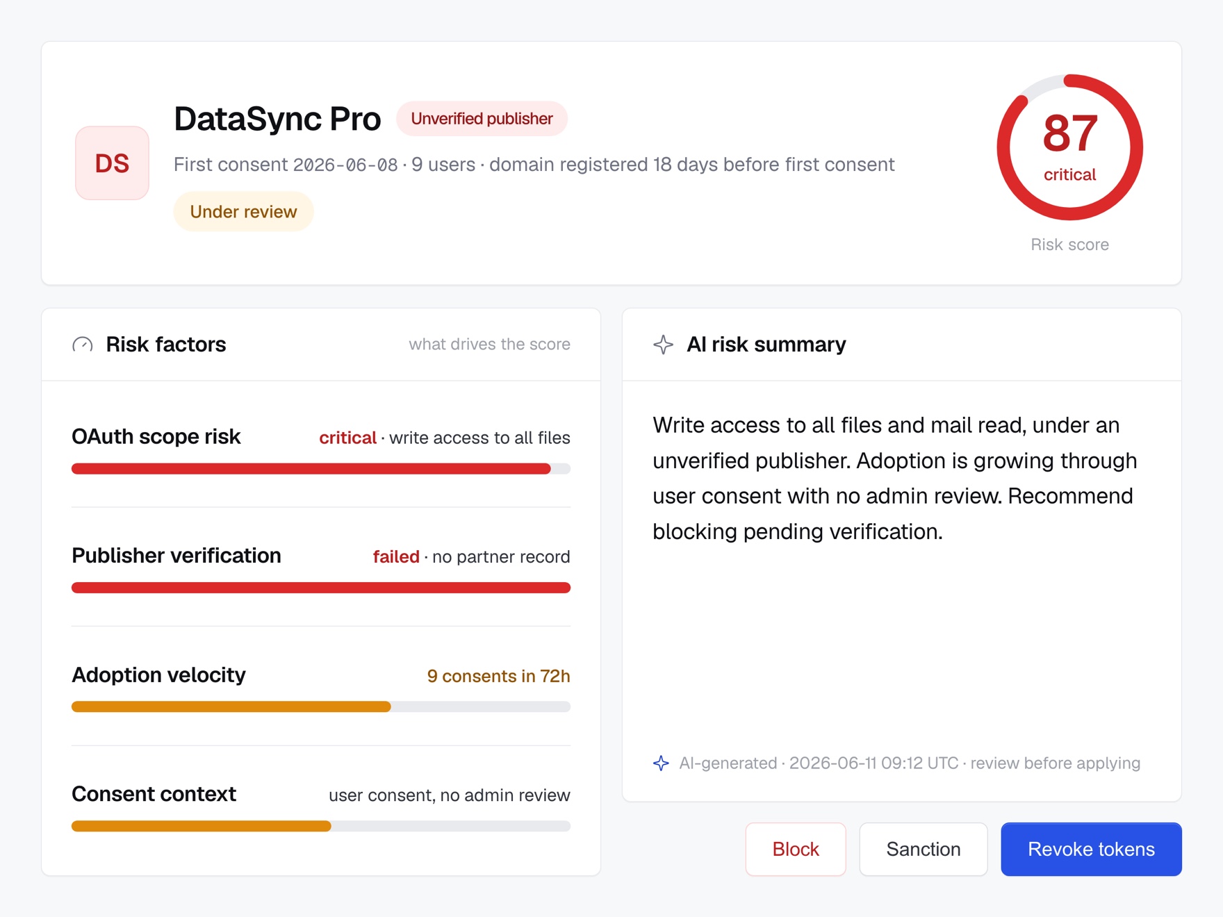 App risk report with scored OAuth scopes