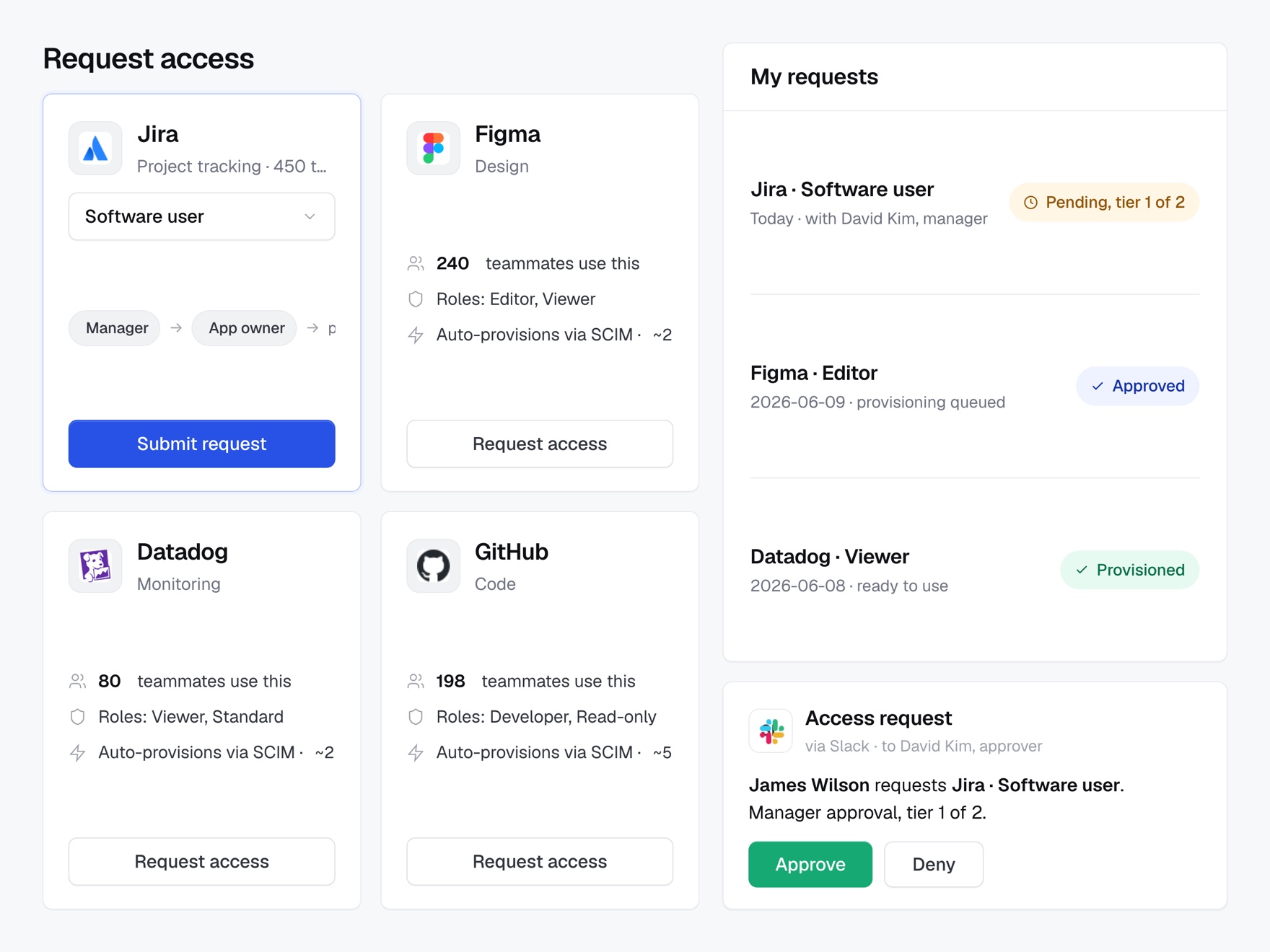 Self-service app catalog with Slack approval