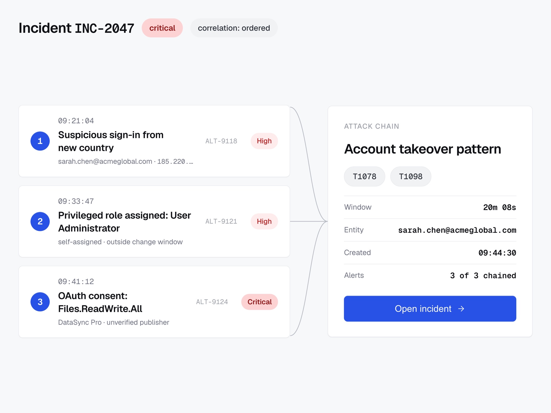 Correlation engine linking events into one incident