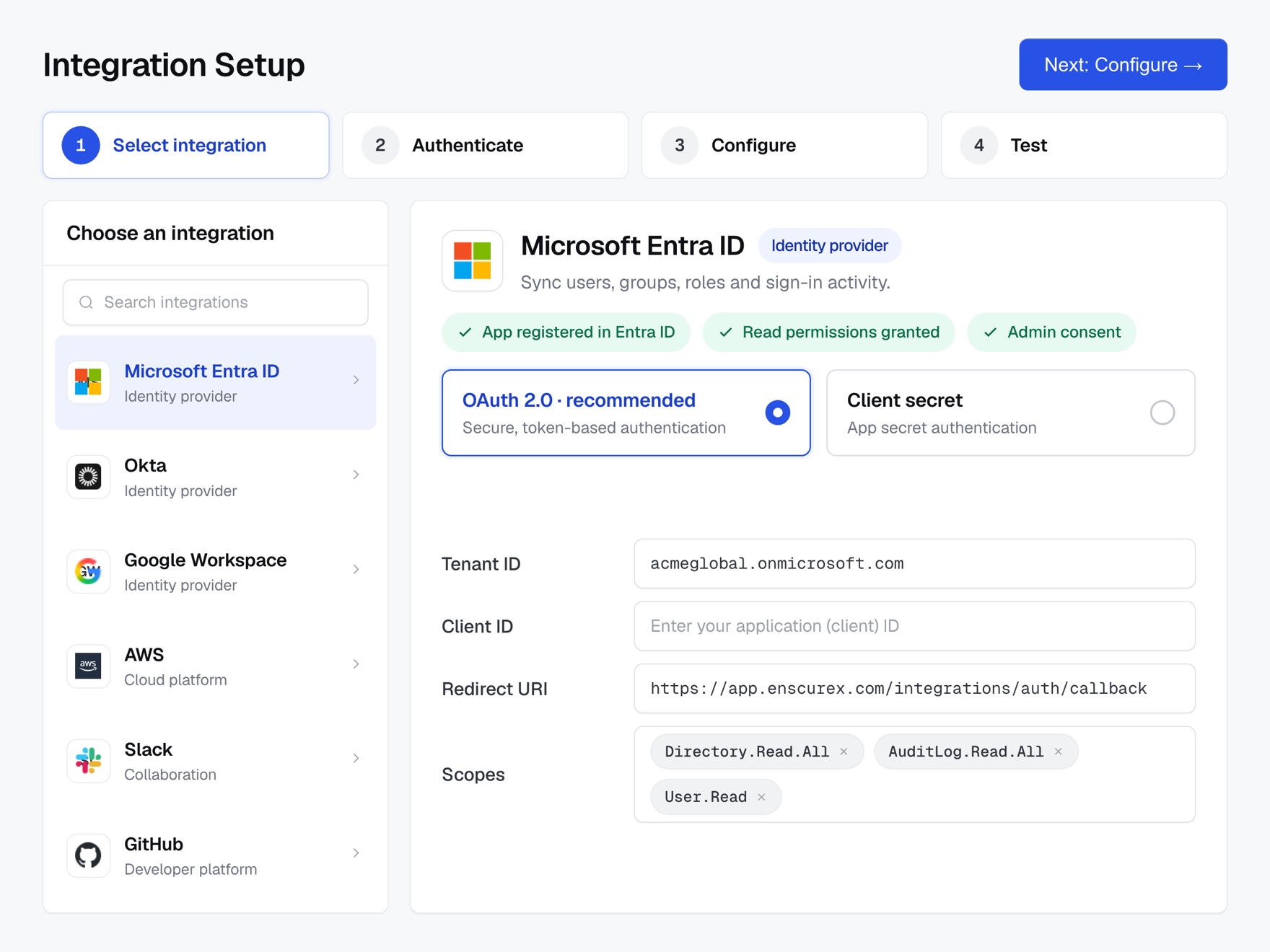 Integration setup wizard for Microsoft Entra ID