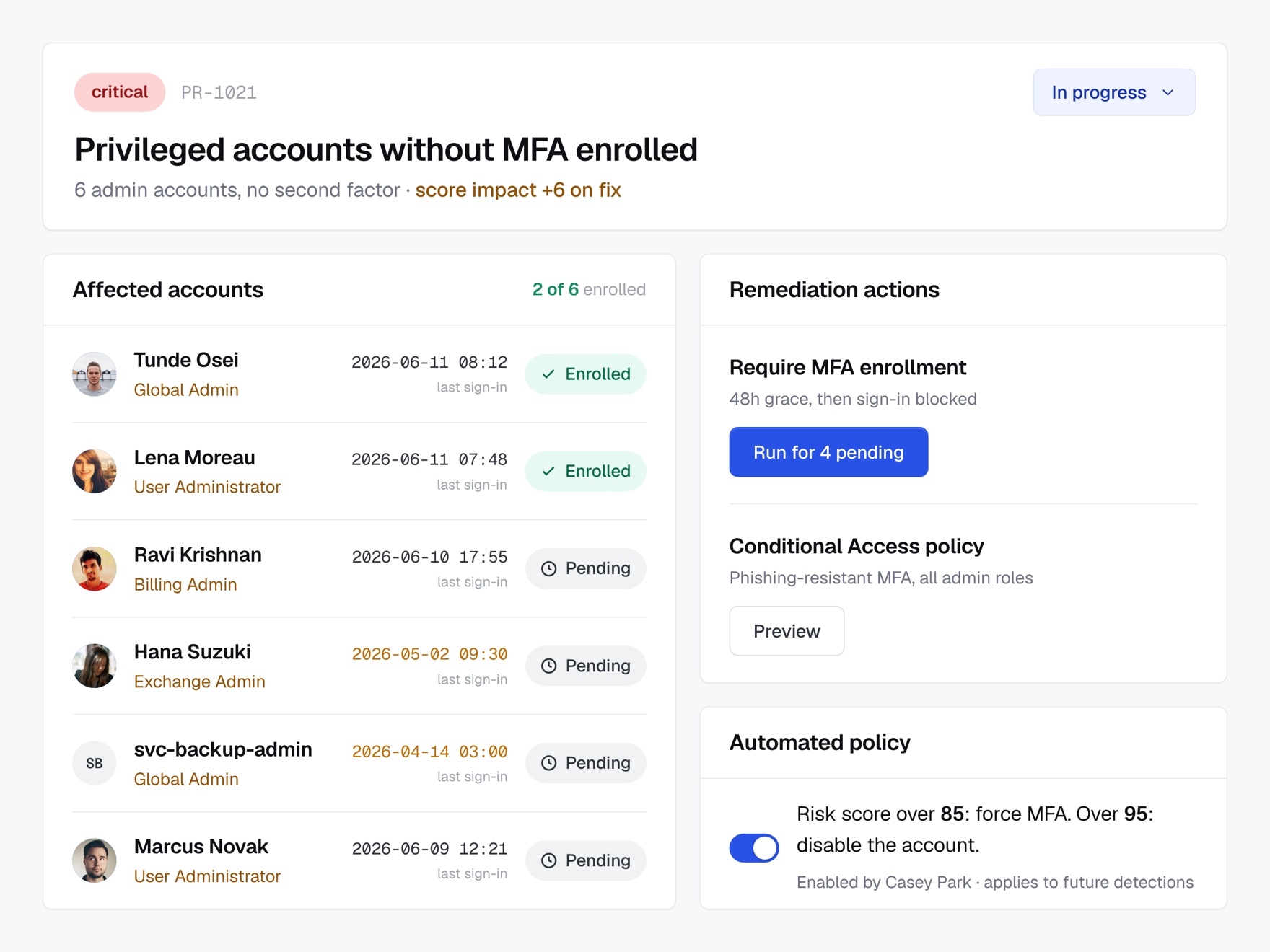 Finding remediation with affected accounts and automated policy