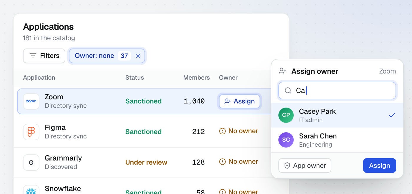 The application catalog filtered to apps with no owner, with an owner being assigned to one